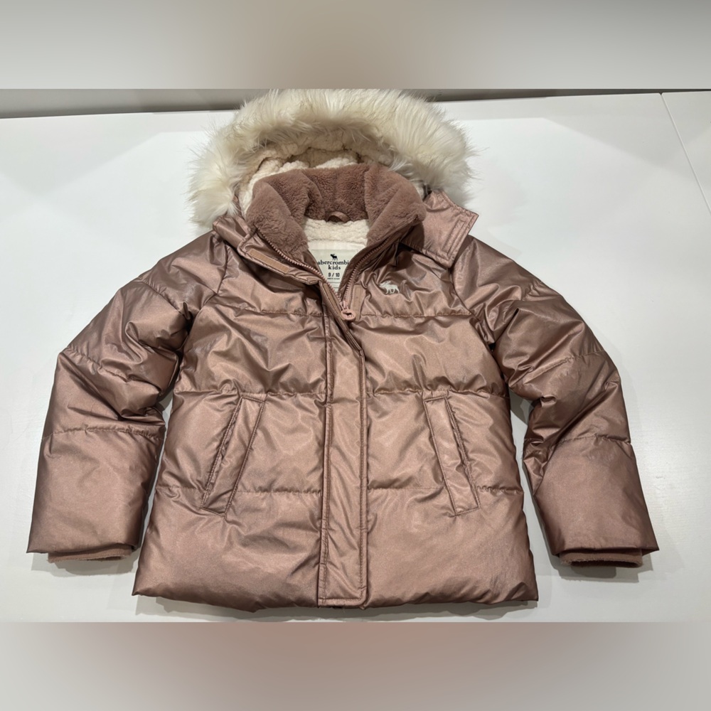 abercrombie kids Metallic Rose Pink Puffer Jacket with Faux Fur Trim